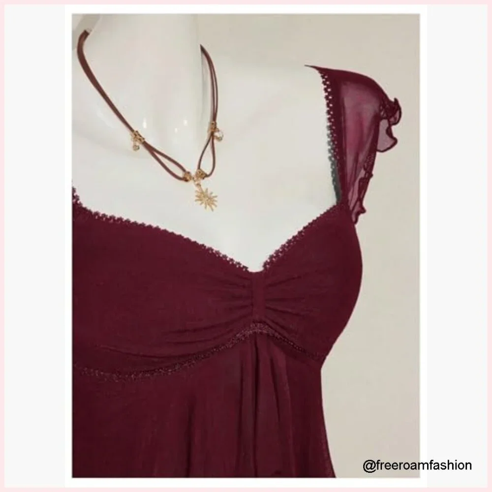 Sheer Mesh Ruffle Tank Top Sweetheart Neck Crop Top Slim Fit - Picture 4 of 5